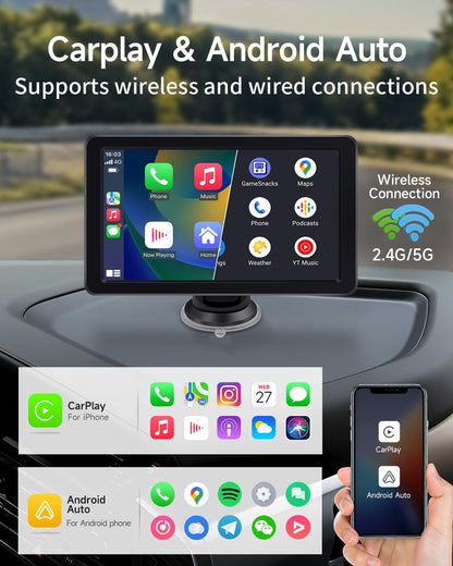 Portable Apple Carplay Screen for Car, 7" HD Car Stereo Touchscreen with Wireless CarPlay & Android Auto, Mirror Link, Bluetooth, Voice Control, Memory Card Playback, AUX - Fits All Vehicles