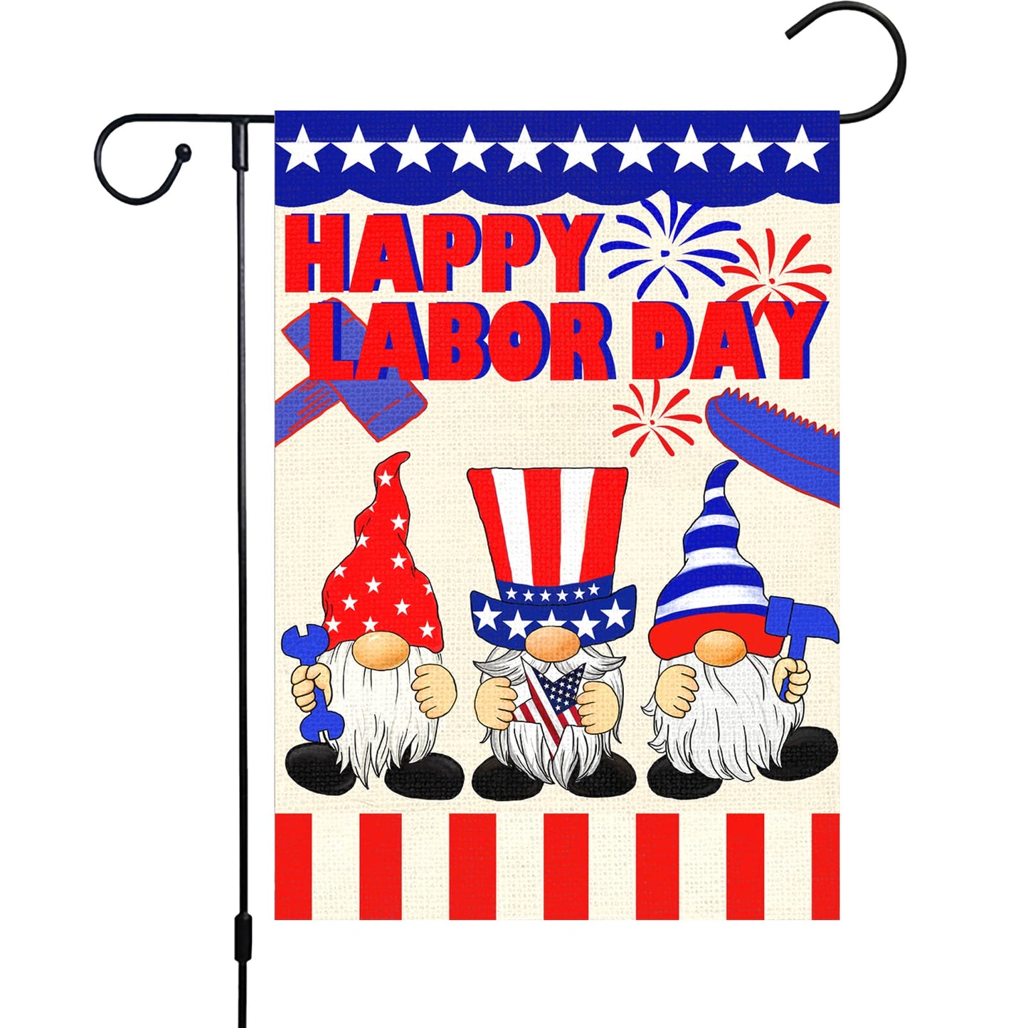Louise Maelys Happy Labor Day Garden Flag 12x18 Double Sided Vertical, Burlap Small Gnome Garden Yard House USA Flags Banner Outdoor Outside Labor Day Decoration (ONLY FLAG)