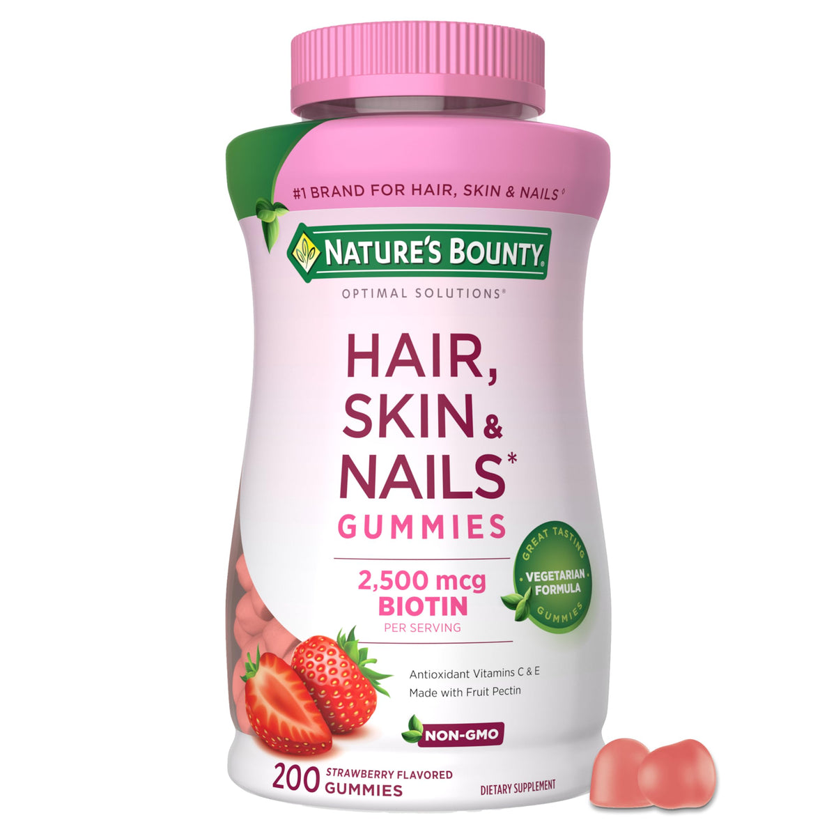Nature's Bounty Optimal Solutions Hair, Skin and Nails Pectin Gummies, 2500 mcg Biotin Per Serving, No Stick Gummy, Vegetarian Formula, Strawberry Flavor, 200 count, 100 Total Servings
