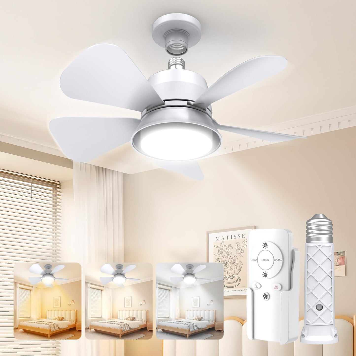 MOTCTQVD Ceiling Fans with Lights and Remote, Ceiling Fan Light 3000K-6000K 3 Colors Dimmable, Modern Ceiling Fan with Light, 1000 Lumens LED Ceiling Fans for Bedroom Garage Kitchen Living Room