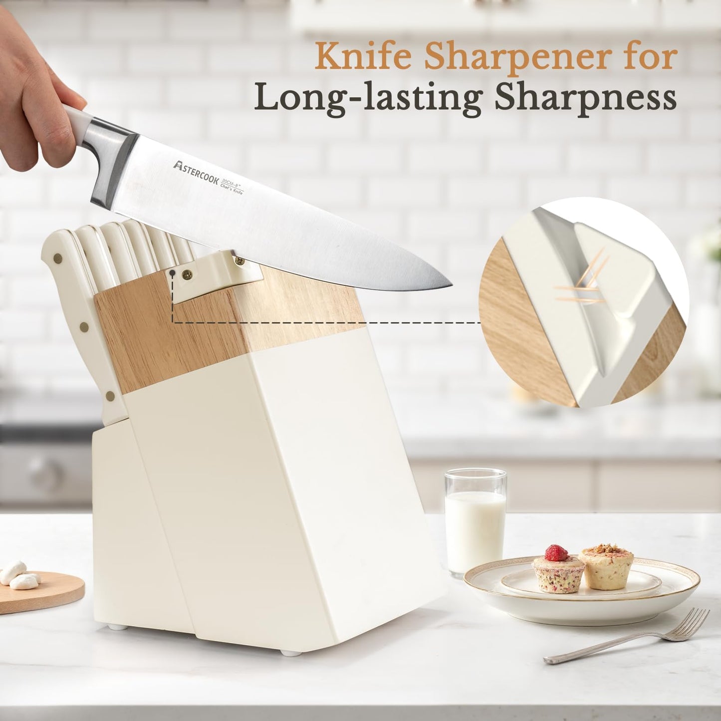 Knife Set,Astercook Kitchen Knife Set with Block 14-Piece Full Tang Stainless Steel Knives with Sharpener Dishwasher Safe and Anti-Slip Ergonomic Handle Elegant Cream White Utensils Set