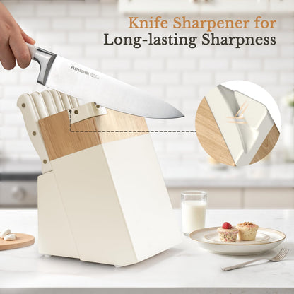 Knife Set,Astercook Kitchen Knife Set with Block 14-Piece Full Tang Stainless Steel Knives with Sharpener Dishwasher Safe and Anti-Slip Ergonomic Handle Elegant Cream White Utensils Set