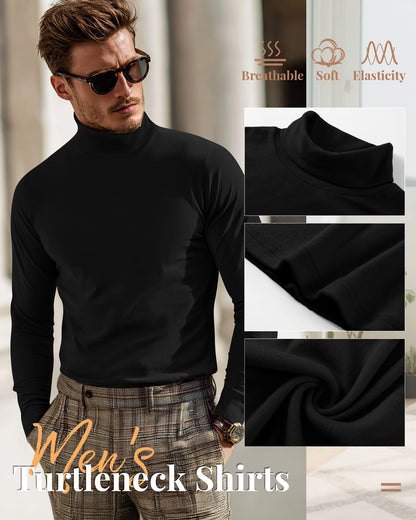 Ficerd 3 Pack Men's Turtleneck Shirts, Long Sleeve Cotton Pullover Sweaters Mock Neck Knitted T Shirt Basic Slim Fit Tee Tops(Black,Large)