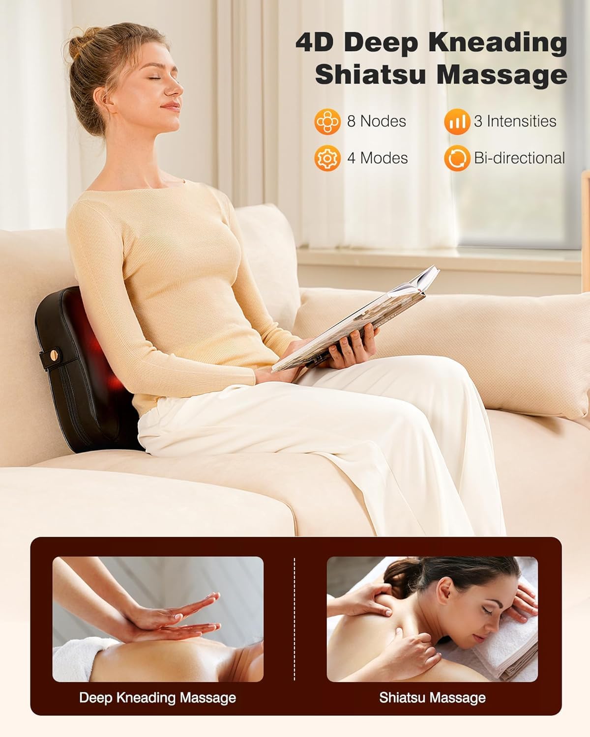 Back Massager with Heat - Shiatsu Neck Massager Deep Tissue 2-in-1 Kneading Chair Massage Pillow for Lower Back/Leg/Shoulder - Lumbar Support Pillow for Back Pain Relief - Gifts for Mom Dad Women