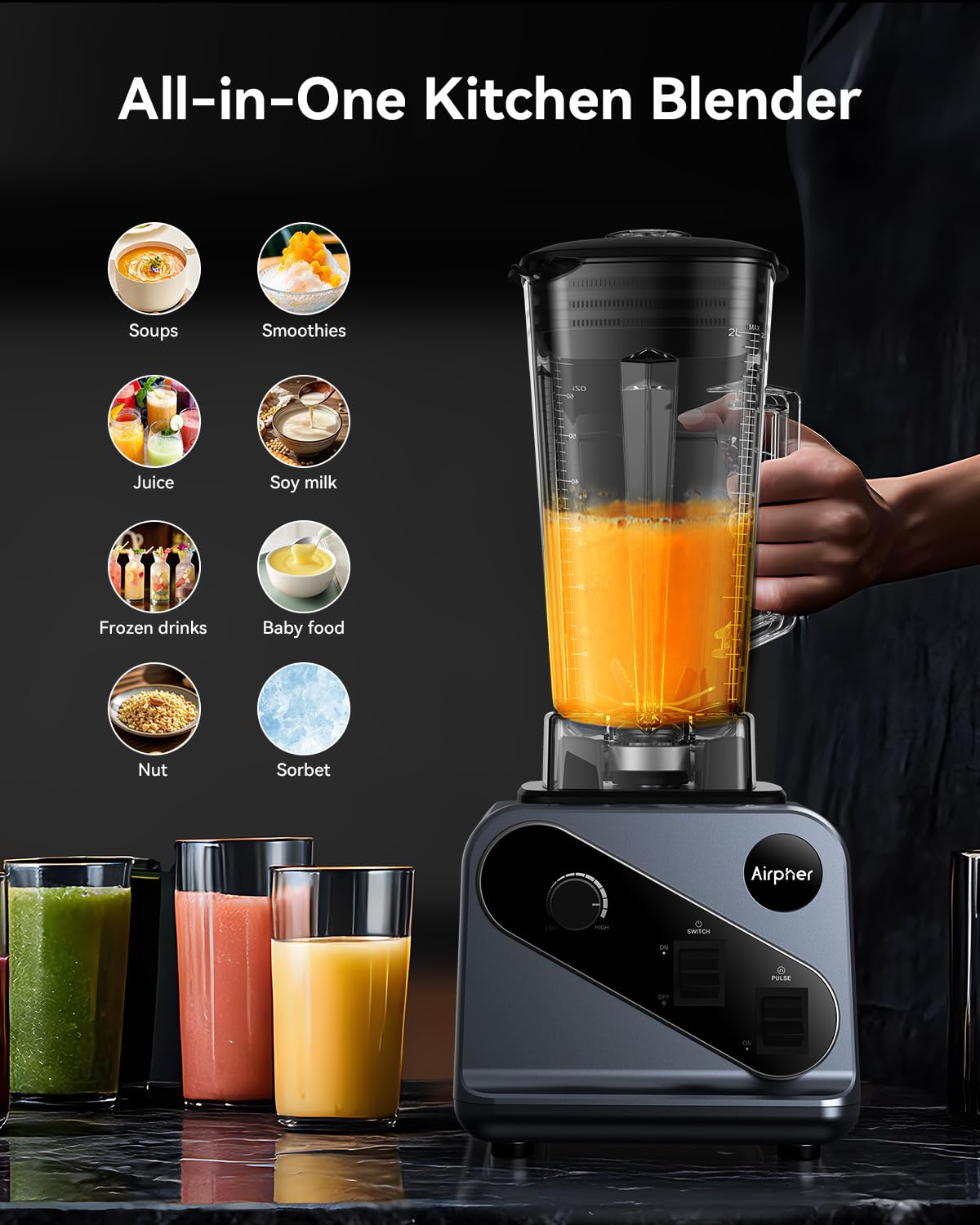 Blenders for Smoothies, 2000W Professional Blender, 68oz Large Capacity with 27oz To-Go cup, Kitchen Blender with 35000RPM to Make Soups, Jams, Fruit, Dishwasher Safe, BPA-Free, Valentine's Day Gift