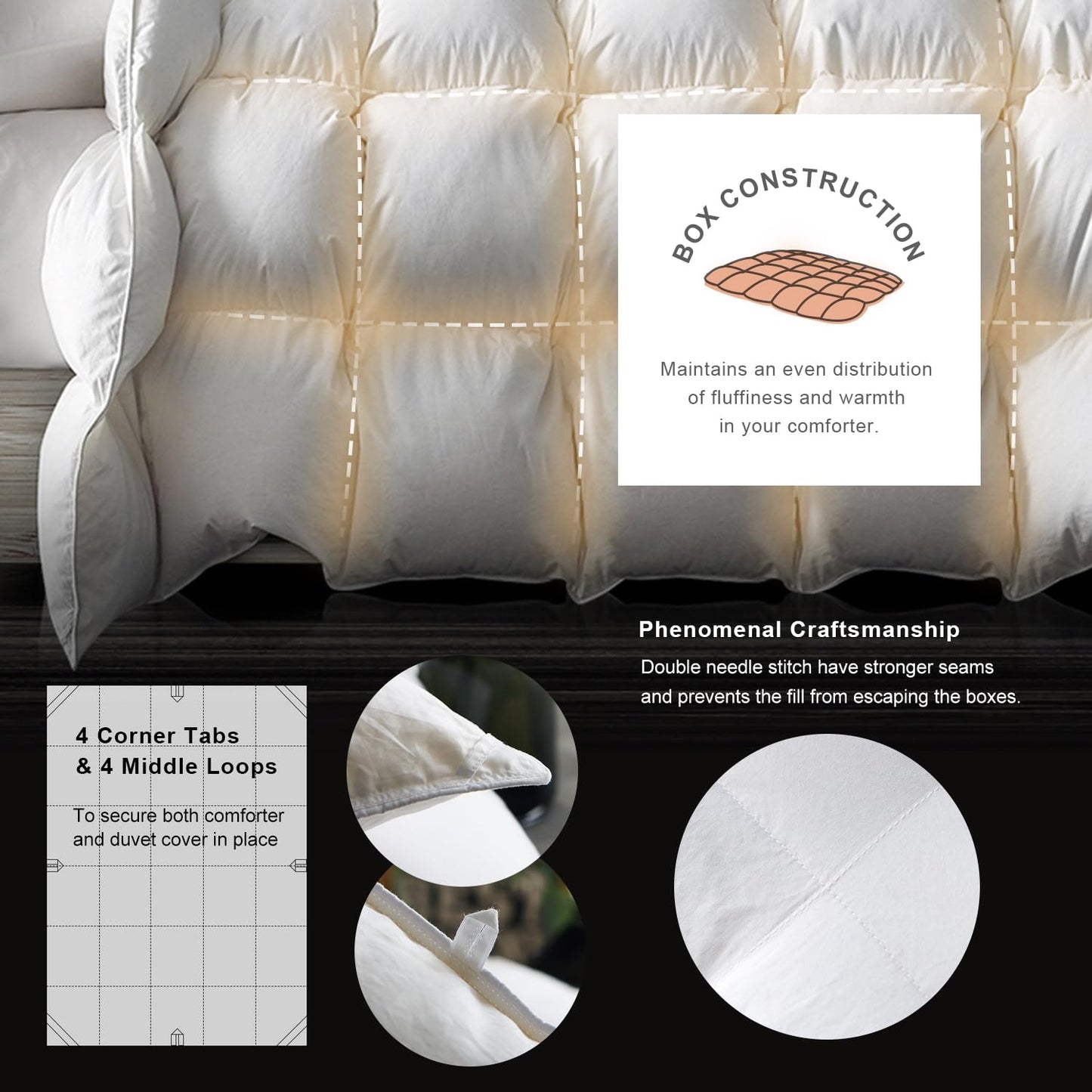 Royoliving Premium Feathers Down Duvet Insert Comforter Queen Size All Season Medium Warmth White 100% Cotton Cover with Corner Tabs (90x90, 50 oz)