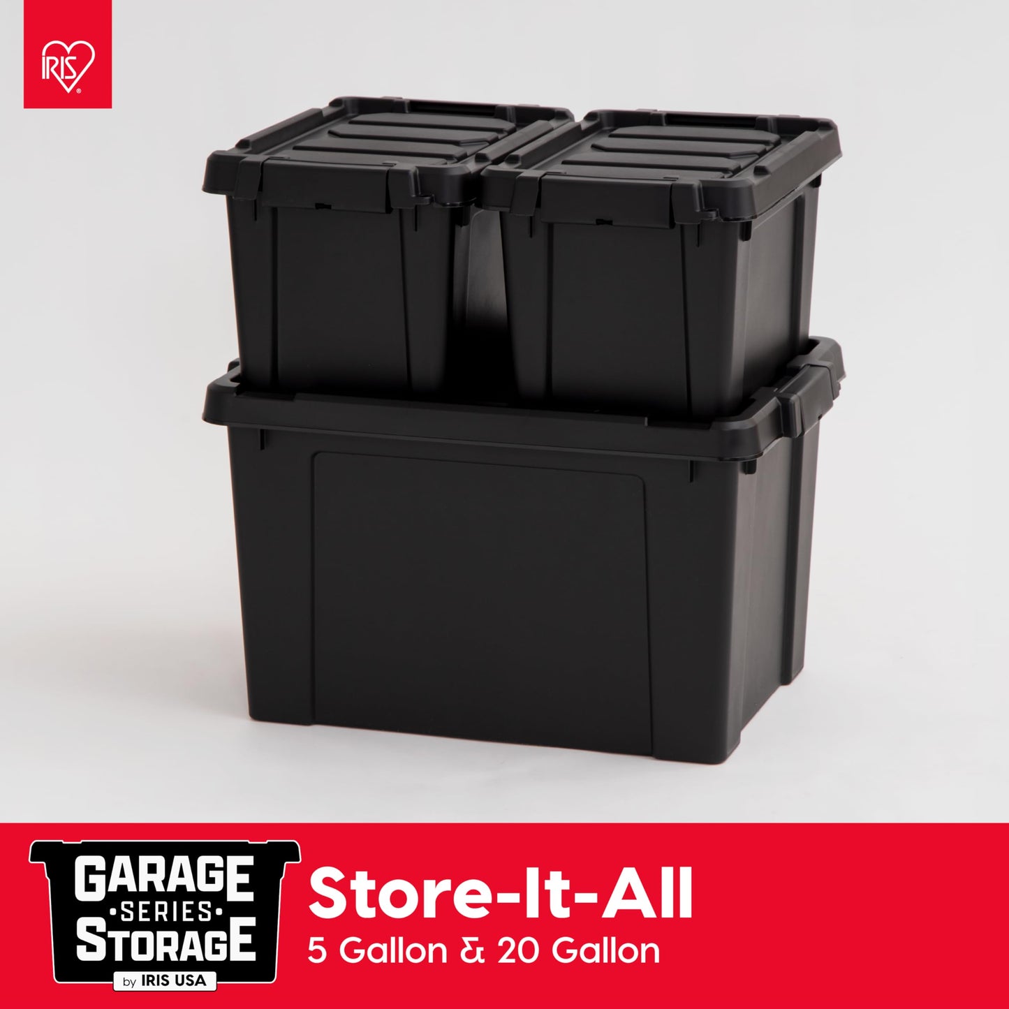 IRIS USA 20 Gallon Lockable Storage Bins with Lids, 6 Pack - Made in USA, Heavy Duty, Stackable Containers, Garage Organizing Bins Moving Tubs, Rugged Sturdy Equipment Utility Box - Black