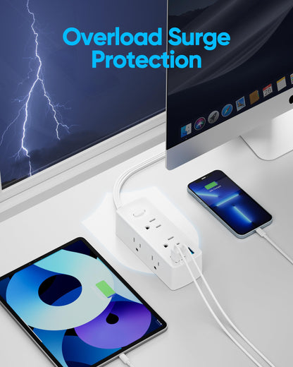 Olcorife Surge Protector Power Strip, Ultra Thin Flat Plug Extension Cord 6ft, 6 Outlets 3 USB Ports(1 USB C), 3 Sided Outlet Extender for Home Office Travel Dorm Room Essentials, White