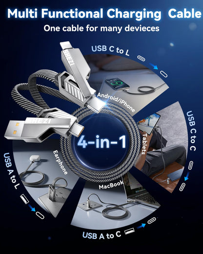 [One is Enough] 4-in-1 Compatible with USB C to Lightning Cable, 240W High-Speed Charging & Fast Data Transfer,CarPlay & Android Auto Support Multi Charger Cord Combo for iPhone/Samsung/iPad,3FT