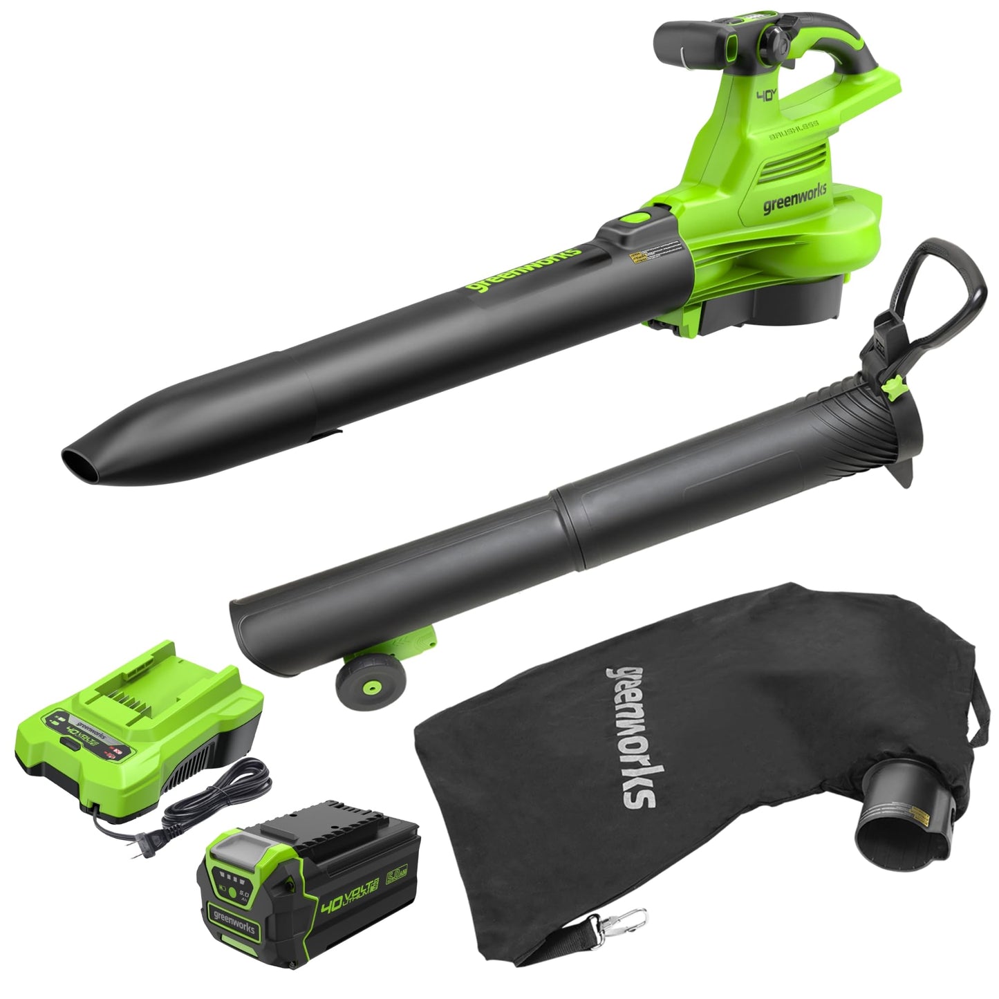 Greenworks 40V (230 MPH / 505 CFM) Cordless Brushless Leaf Blower/Vacuum with Bag, High Power, Lightweight & Quiet for Yard Debris Cleanup, Includes 5.0Ah Battery & Charger