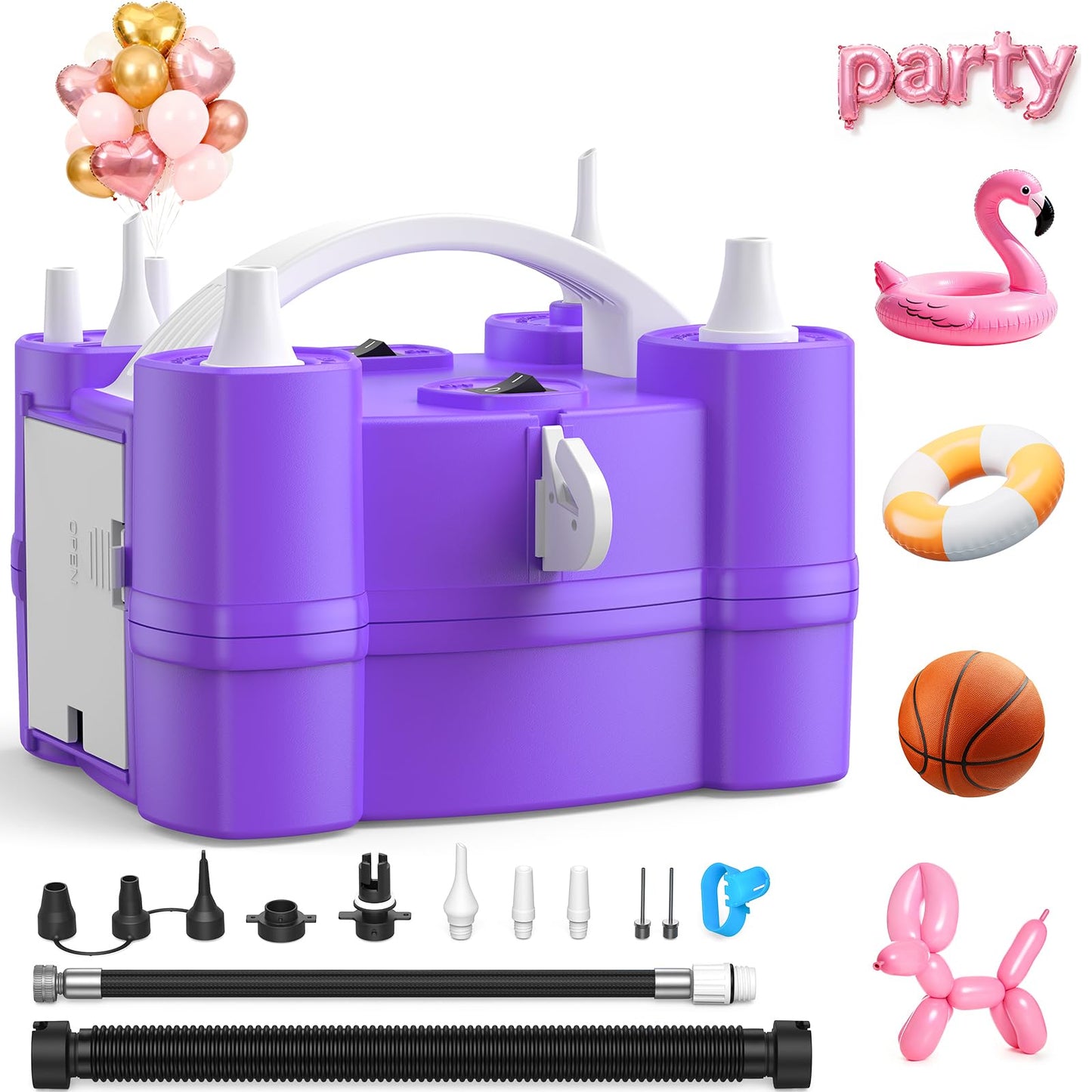 Keaibuding Electric Balloon Pump, 4-in-1 Balloon Blower with Triple Inflating Ports for All Balloons, Air Pump for Sports Balls, Inflator& Deflator for Inflatables with Dust-Proof Storage Bag (Purple)