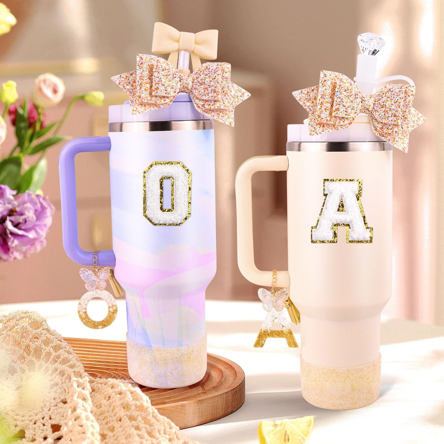 White Cup Accessories Set for Stanley 30OZ & 40OZ Tumbler with Handle, Letter Charms, Bow & Diamond Straw Covers, Glitter Silicone Boot, Personalized Sticker for Stanley Cup Accessories (A)