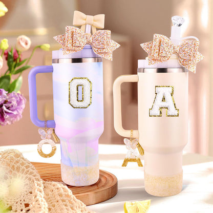 White Cup Accessories Set for Stanley 30OZ & 40OZ Tumbler with Handle, Letter Charms, Bow & Diamond Straw Covers, Glitter Silicone Boot, Personalized Sticker for Stanley Cup Accessories (A)