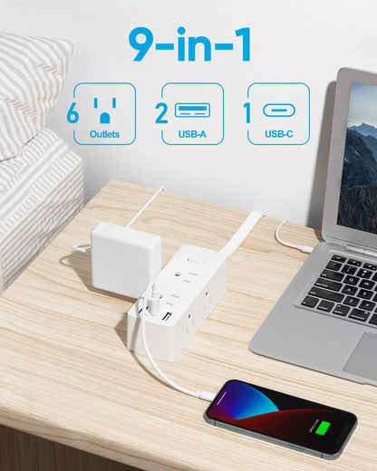 Olcorife Surge Protector Power Strip, Ultra Thin Flat Plug Extension Cord 6ft, 6 Outlets 3 USB Ports(1 USB C), 3 Sided Outlet Extender for Home Office Travel Dorm Room Essentials, White