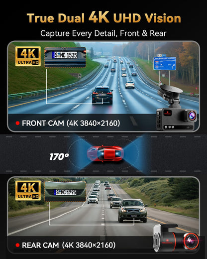 TERUNSOUl 4K+4K Dash Cam Front and Rear, Free 128GB Card Included, 5.8GHz WiFi Dash Camera for Cars, Built-in GPS, G-Sensor, 170°Wide Angle, 3" IPS Screen, 24H Parking Mode, Support 512GB Max
