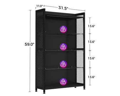 MOTPK Display Cabinet with LED Lights, Display Case with Glass Storage Shelves, 4-Tiers Curio Cabinet for Collectibles, Display Shelf Carbon Fiber Texture Black 32inch