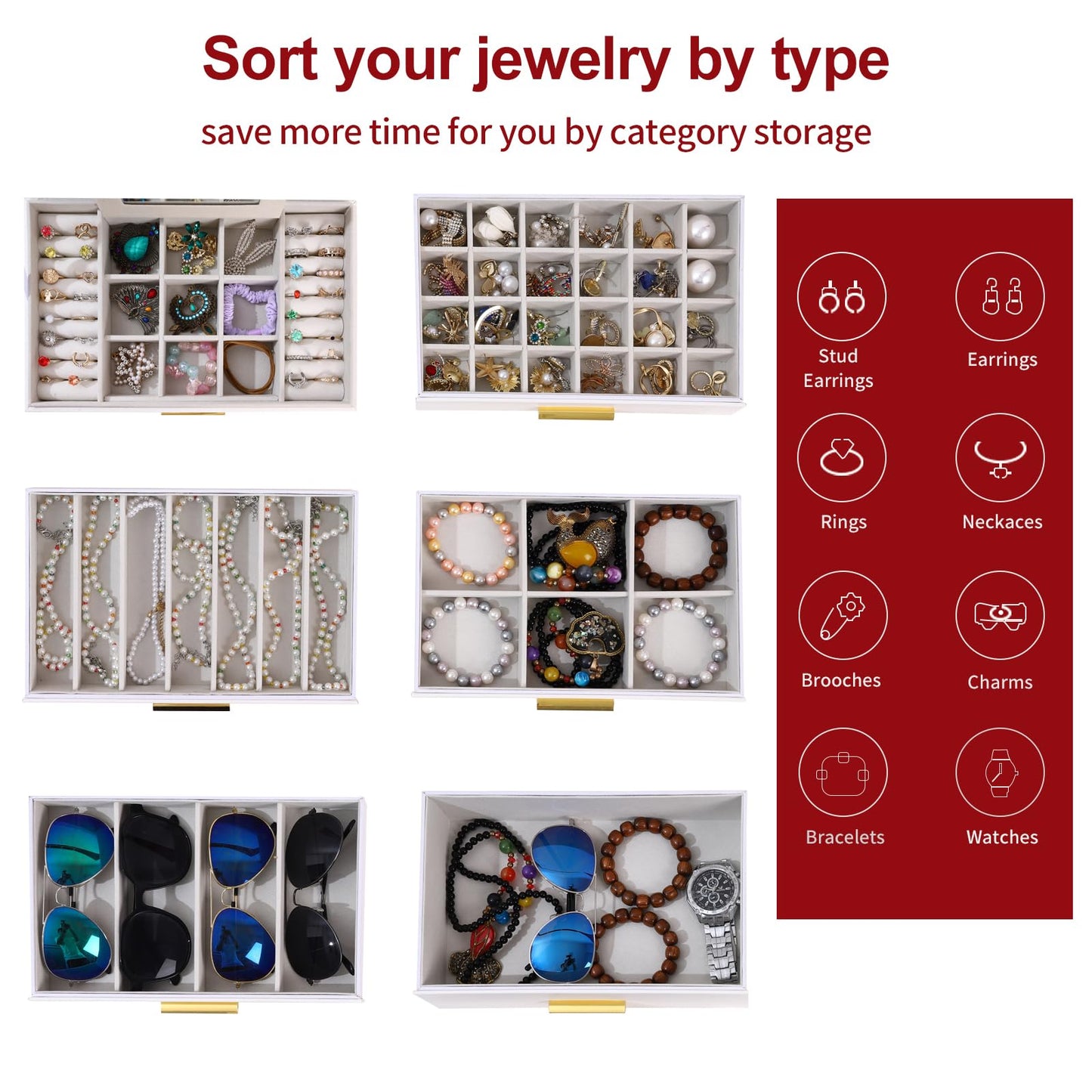 BOOVO Jewelry Boxes for Women, White and Black 6 Layer Large Jewelry Box for Necklace, Bracelet, Earrings, Rings Storage, Jewelry holder Organizer for Girls Gift (Clear White, 6 layer)