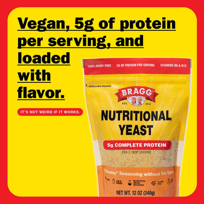 Bragg Premium Nutritional Yeast Seasoning - Vegan, Gluten Free – Good Source of Protein & Vitamins – Nutritious Savory Parmesan Cheese Substitute (Original, 12 Ounce (Pack of 1))