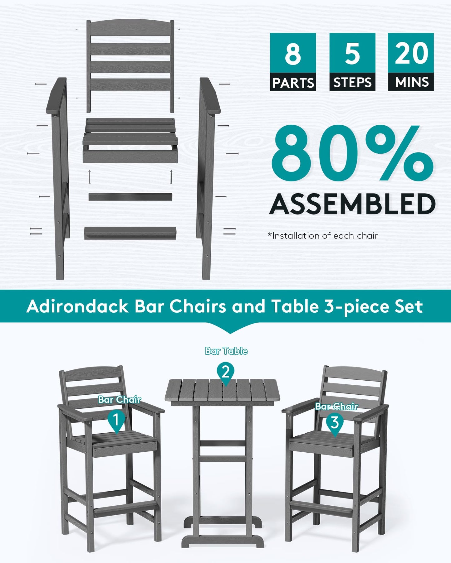 SERWALL Balcony Adirondack Chairs and Table 3 Pieces Set, Adirondack Bar Height Chairs Set of 2 and Bar Table, Outdoor Bar Stools Set, Gray