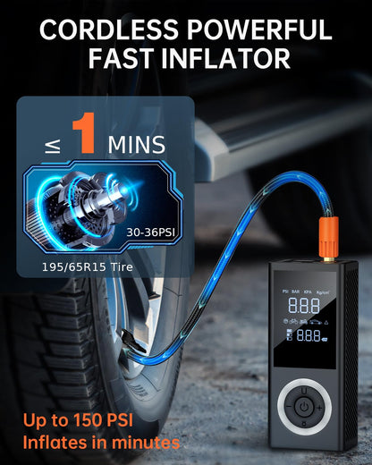 Cordless Tire Inflator Portable Air Compressor, 150 PSI Air Pump with Rechargeable Battery, Tire Pressure Gauge, 12V Car Power Adapter, Smart Air Pump for Car, Motorcycle, Bike, Ball