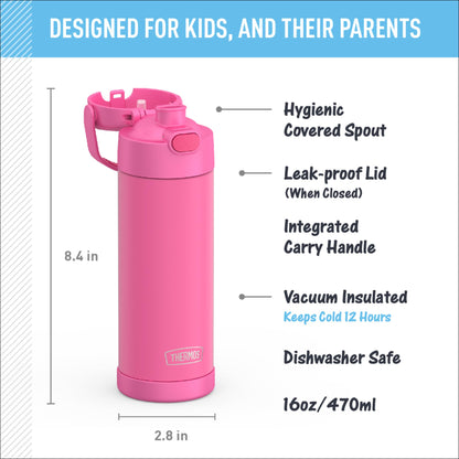 THERMOS FUNTAINER 16 Ounce Stainless Steel Vacuum Insulated Bottle with Wide Spout Lid, Neon Pink