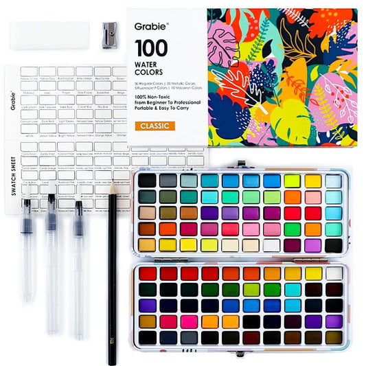 Grabie 100 Colors Watercolor Paint Set，Pack of 50 Regular, 35 Metallic, 10 Macaron and 5 Fluorescent Colors， Portable Metal Case, Water Brush Pens, and Accessories， For Beginners and Professionals