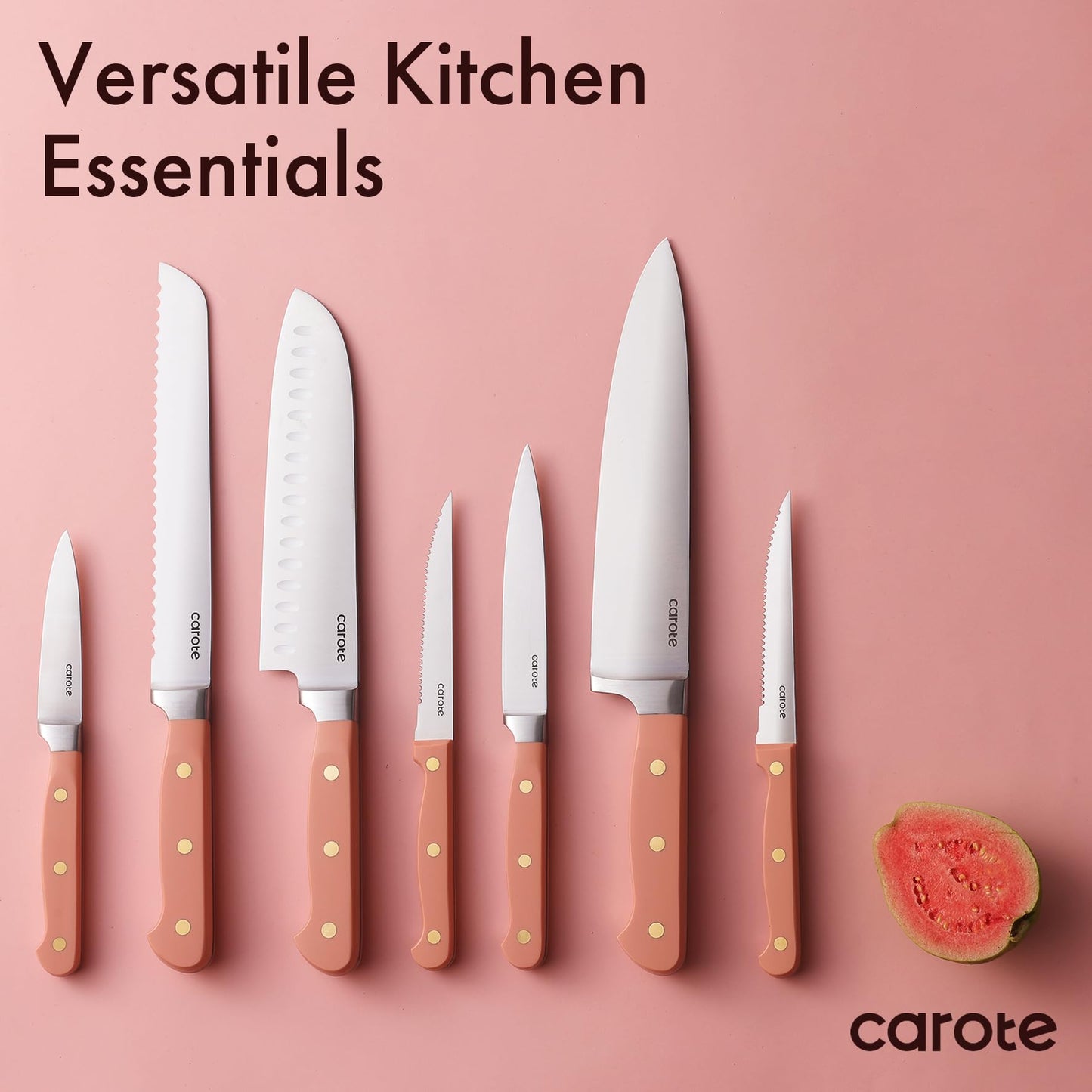 CAROTE 11 Pieces Knife Set with Block for kitchen, Stainless Steel Razor-Sharp Blade, Triple Riveted Ergonomic Handle, Wooden Magnetic Block, Essential Knife Block Set, Pink