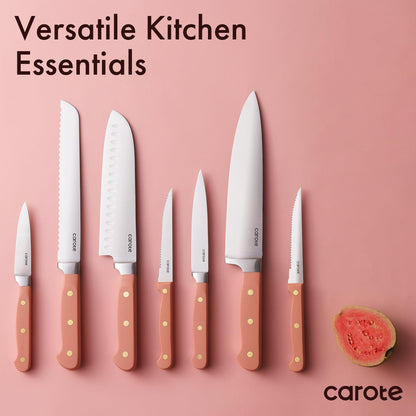 CAROTE 11 Pieces Knife Set with Block for kitchen, Stainless Steel Razor-Sharp Blade, Triple Riveted Ergonomic Handle, Wooden Magnetic Block, Essential Knife Block Set, Pink
