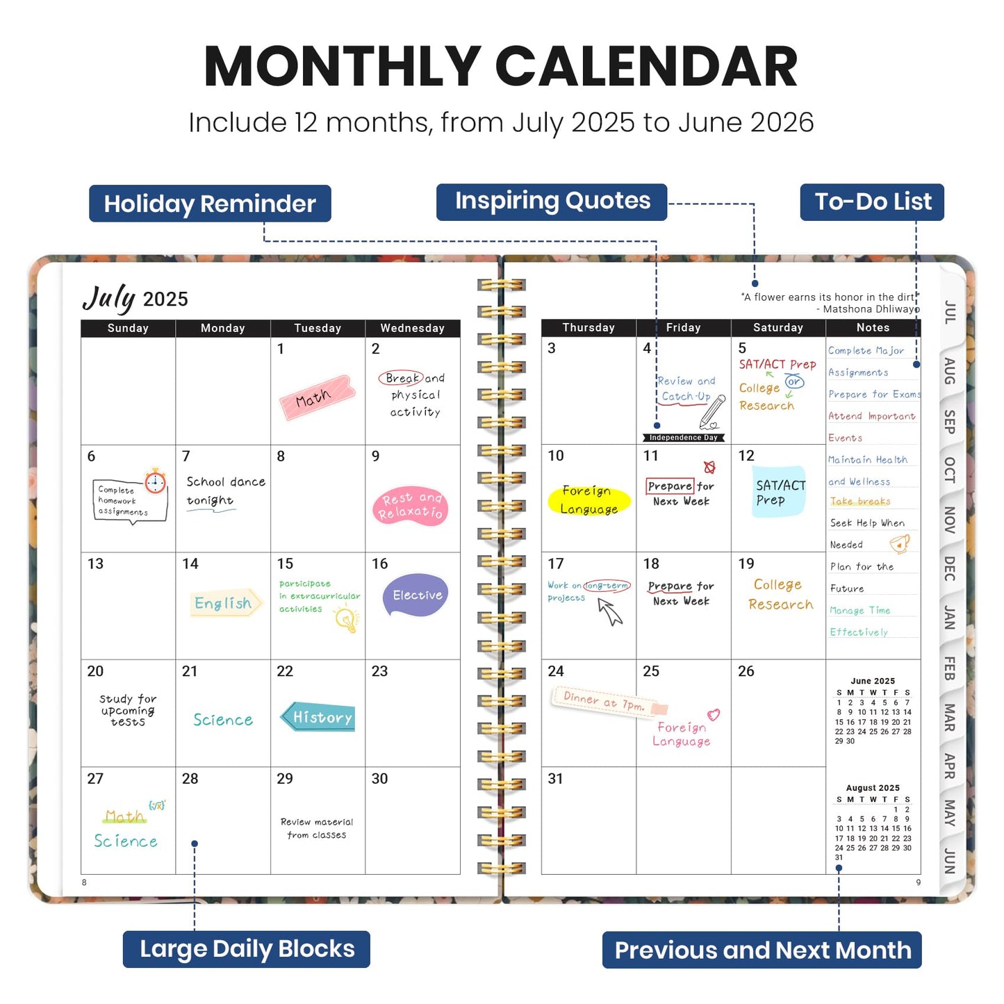 Planner 2025-2026, Monthly and Weekly Calendar Academic Planner (July 2025 - June 2026), Hardcover Student Teacher Planning Agenda Book with Tabs, Perfect for Office School Supplies, A5 (6.3" x 8.5") - Petals