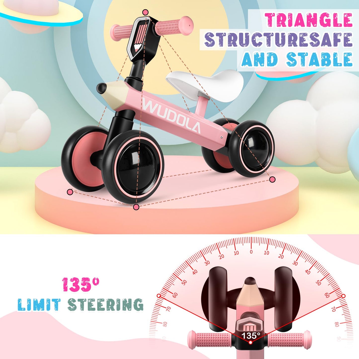 Wudola Baby Balance Bike for 1 Year Old, Birthday Gifts for Boys and Girls - No Pedal 4 Silence Wheels & Soft Seat Toddler Bike for 10-36 Months, Pink