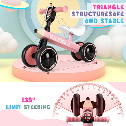 Wudola Baby Balance Bike for 1 Year Old, Birthday Gifts for Boys and Girls - No Pedal 4 Silence Wheels & Soft Seat Toddler Bike for 10-36 Months, Pink