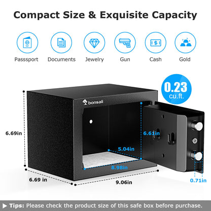 Bonsaii Safe Box with Electronic Keypad, Steel Security Lock Box with Key, 0.23 Cubic Feet, 9.06" W x 6.69" D x 6.69" H, Small Hidden Safe for Cash Jewelry