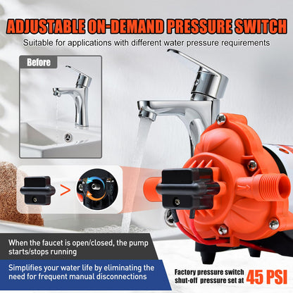 CYKLEKING 12V DC Water Pressure Pump,3.5GPM 45PSI Quiet On Demand RV Water Diaphragm Pump 12 Volt Self Priming Ideal for Camper,Boat,Marine,Travel Trailer,Washdown,Rain Barrel,Outdoor Shower