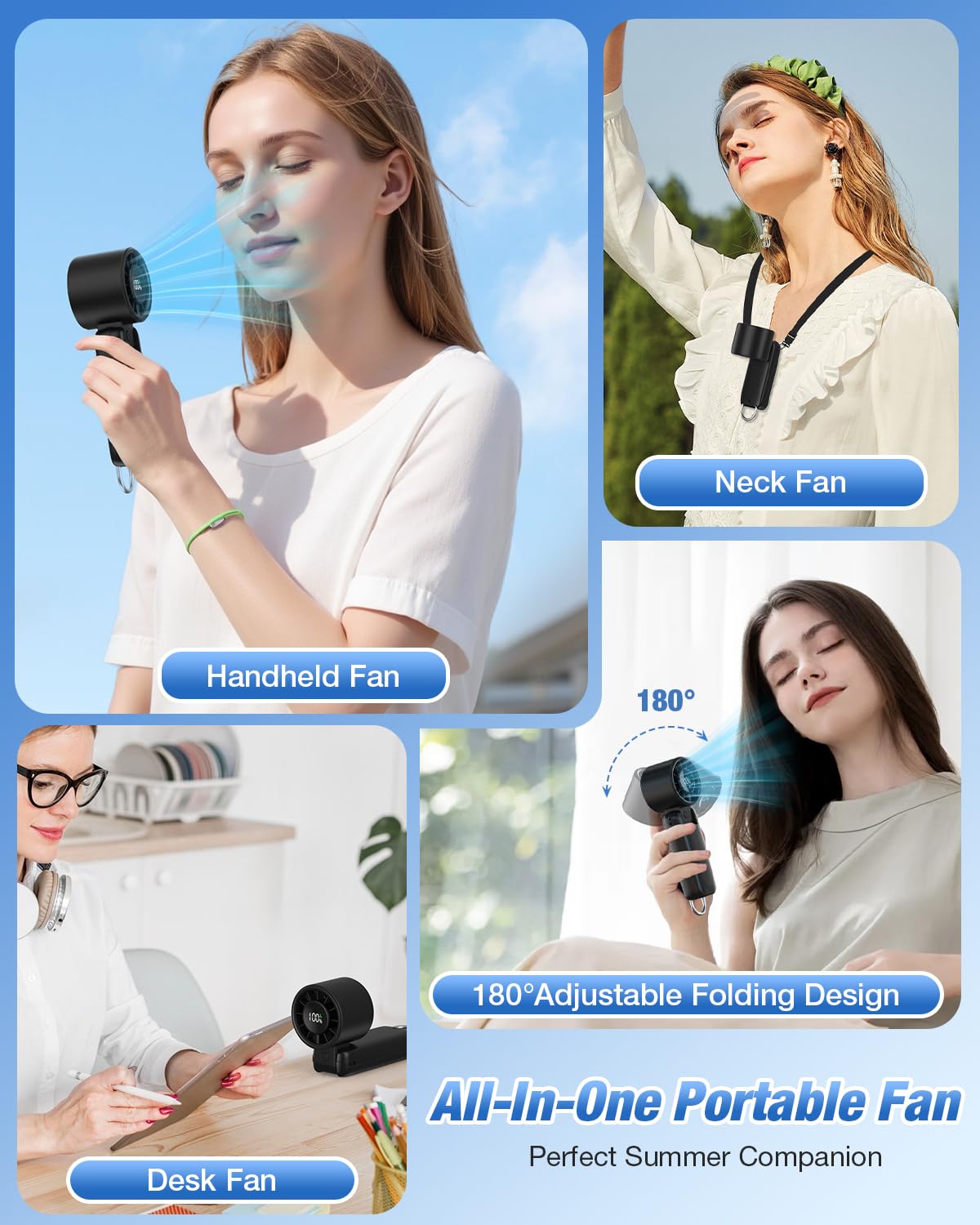 4 in 1 Handheld Portable Turbo Fan, 180° Foldable 6-Speed (1-100) Mini Fan, 5000mAh Rechargeable Battery Operated up to 15 Working Hours, LED Display Personal Cooling for Travel Indoor Outdoor Black