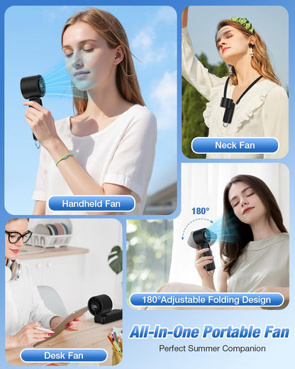 4 in 1 Handheld Portable Turbo Fan, 180° Foldable 6-Speed (1-100) Mini Fan, 5000mAh Rechargeable Battery Operated up to 15 Working Hours, LED Display Personal Cooling for Travel Indoor Outdoor Black