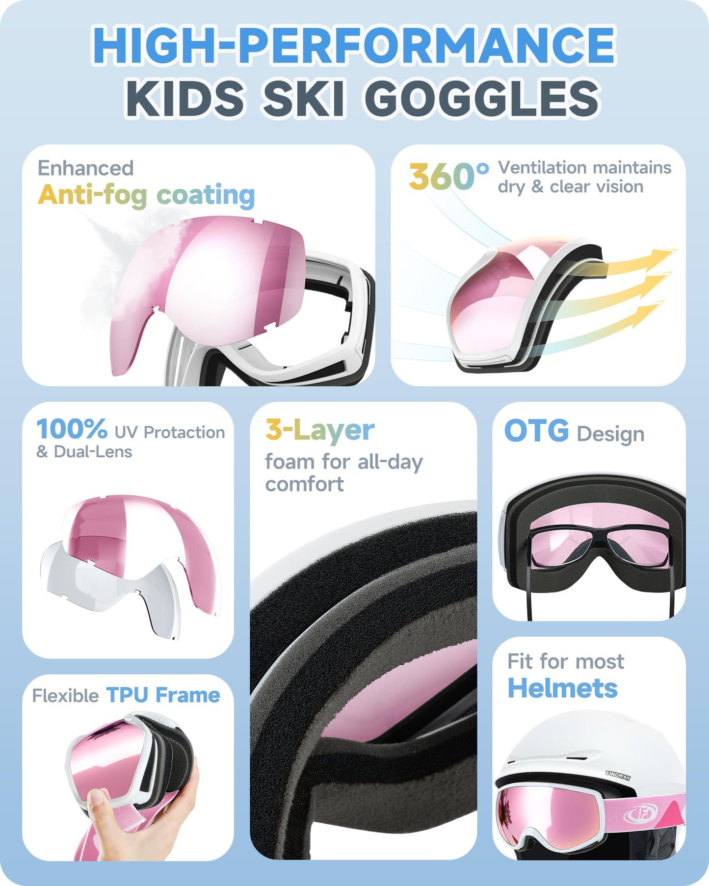 findway Kids Ski Goggles, Kids Snowboard Goggles for Boys Girls Toddler age 3-12