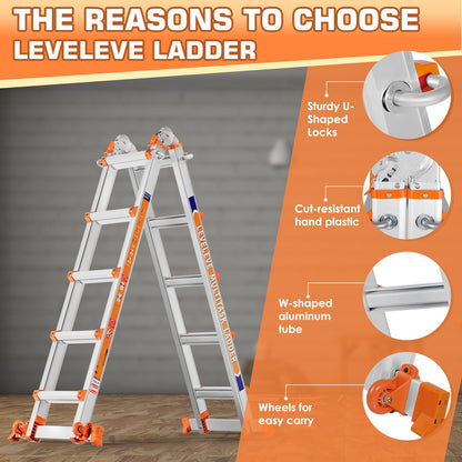 LEVELEVE 17FT Extension Ladder,A Frame 5 Step Ladder with Stabilizer Bar & Wheels,330 lbs Security Load Multi Position Ladder for Stairs Home Indoor Outdoor Roof