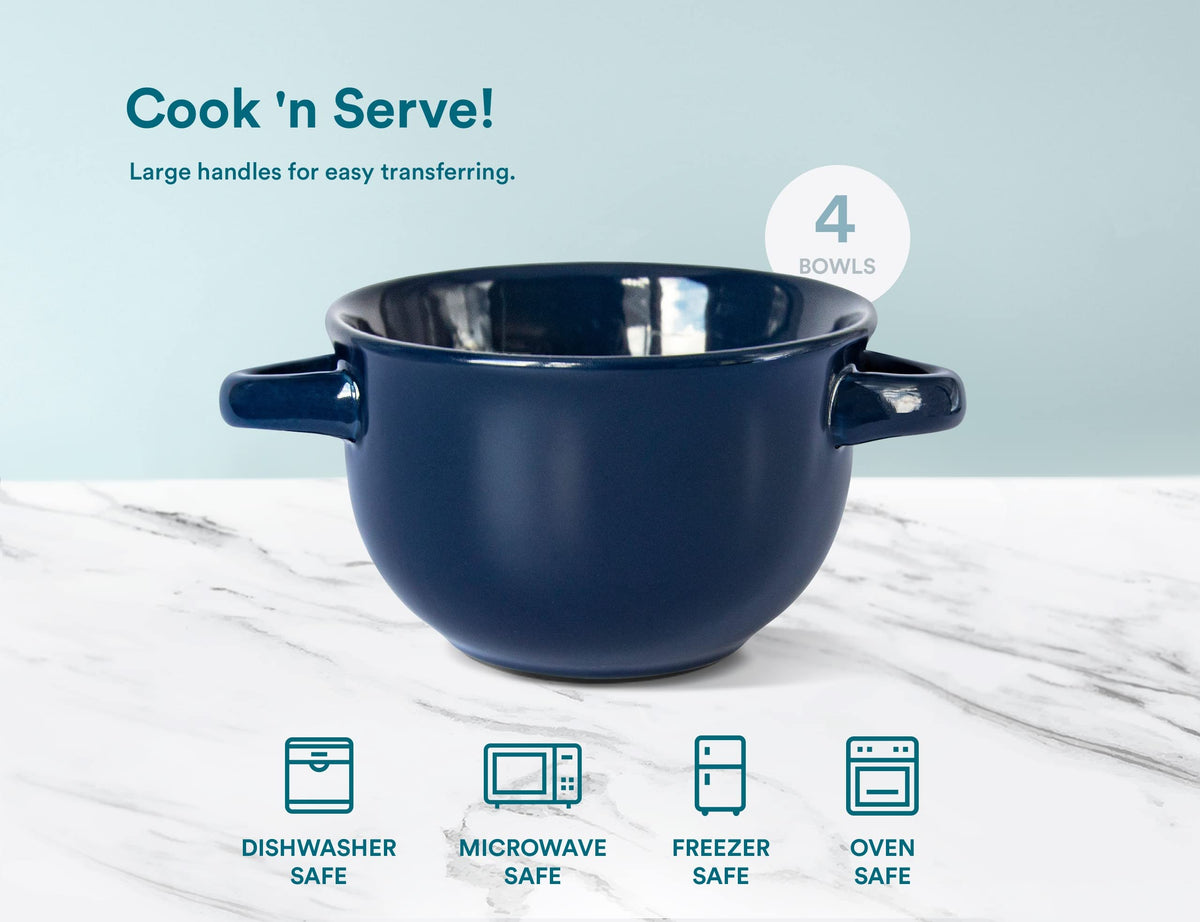 KooK French Onion Soup Bowls, Crocks, Oven Safe Bowls, Soup Mugs, Ceramic Bowls, Dishwasher, Microwave, Set of 4, 18 oz (Blue)