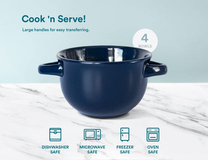 KooK French Onion Soup Bowls, Crocks, Oven Safe Bowls, Soup Mugs, Ceramic Bowls, Dishwasher, Microwave, Set of 4, 18 oz (Blue)