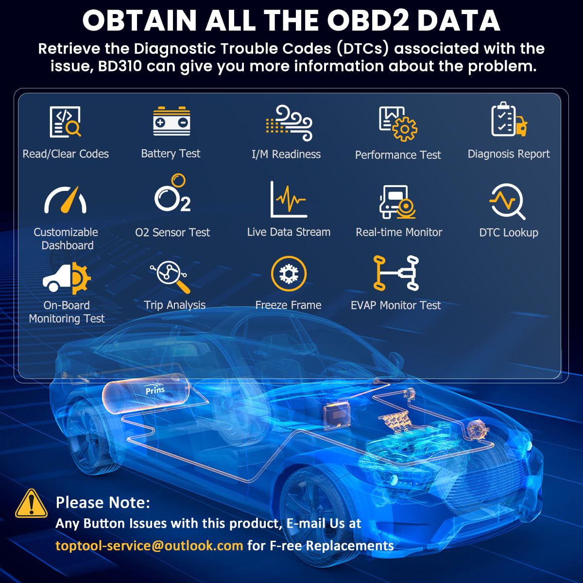 ANCEL BD310 OBD2 Scanner Diagnostic Tool - 3 in 1 OBD2 Scanner Bluetooth - App Based OBDII Scan Tool for Android & iPhone - Check Engine Light Code Reader - Wired, Bluetooth, and Heads-up Display