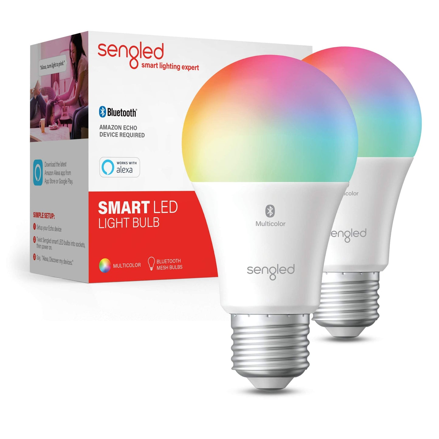 Sengled Alexa Light Bulb, S1 Auto Pairing with Alexa Devices, Color Changing Light Bulbs, Bluetooth Mesh Smart Home Lighting, E26 60W Equivalent, 800LM, 2-Pack