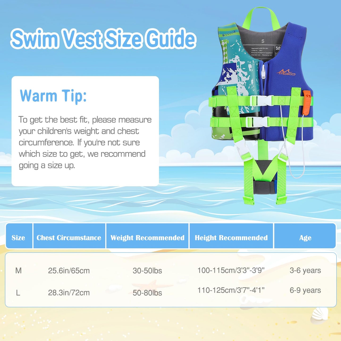 MoKo Swimming Vest for Kids 17.6-77 lbs, Clearance Children Swim Vests Water Activity Equipment Cute Pattern Watersports Swimming Device for Toddlers Boys Girls, S/M/L Size