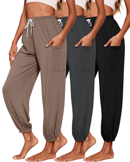 Riyiper 3 Pack Women's Sweatpants, Cozy Yoga Pants with Pockets Casual Harem Lounge Pants Athletic Drawstring Joggers (Black, Gray, Khaki,Large)