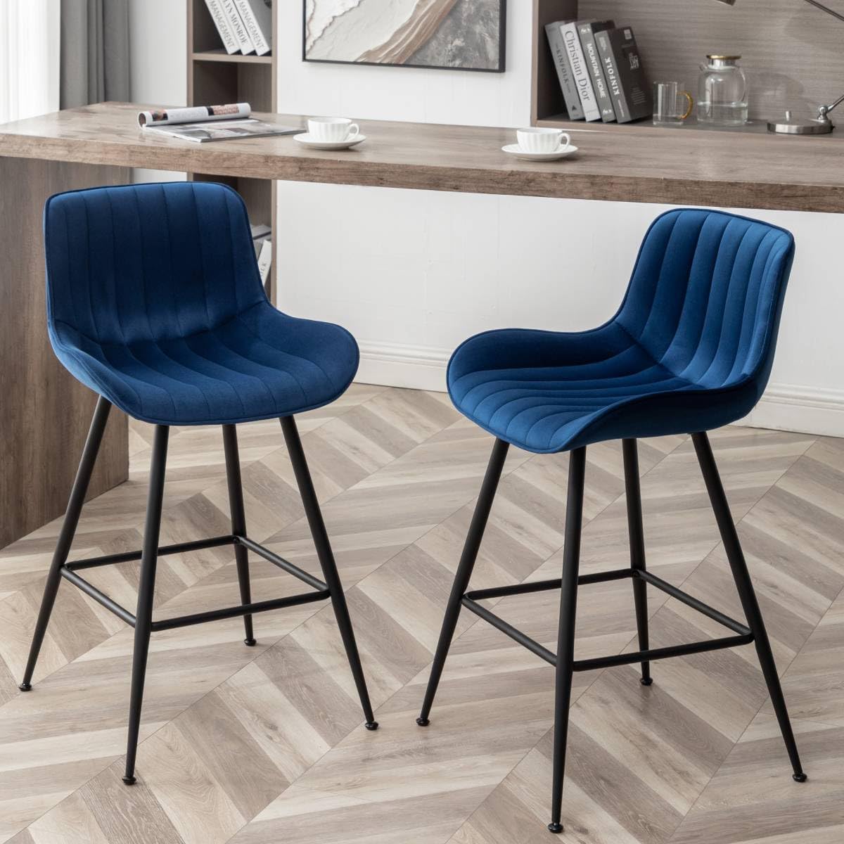 Whiterye Bar Stools Set of 2 - Luxury Bar Stools Counter Height Bar Stools 24 Inch Seat Height Upholstered Velvet Barstools Blue Bar Stools for Kitchen Island, Home Bar, Bar Pub (Blue).