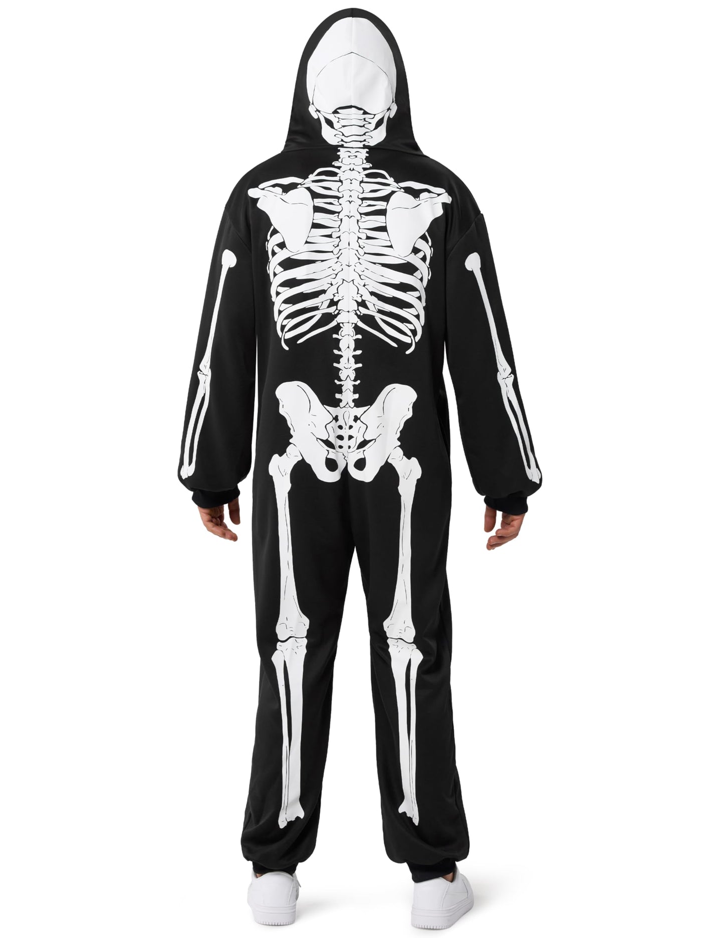 Spooktacular Creations Halloween Skeleton Pajama, Skeleton Costume for Adult Men, Hooded Plush Pajamas Jumpsuit, Zip-Up Skull Jumpsuit for Adult Men Halloween Cosplay Costume Themed Parties Black
