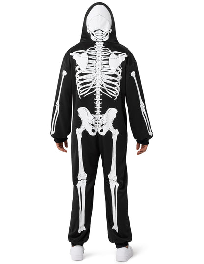 Spooktacular Creations Halloween Skeleton Pajama, Skeleton Costume for Adult Men, Hooded Plush Pajamas Jumpsuit, Zip-Up Skull Jumpsuit for Adult Men Halloween Cosplay Costume Themed Parties Black