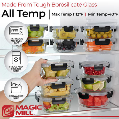 Magic Mill Glass Storage Containers with lids Set | Ultimate 24pc Sets with 12 Food Storage Containers & 12 Airtight Locking Lids for Lunch, Meal Prep, Fridge, Freezer, and Dishwasher Safe, BPA-Free