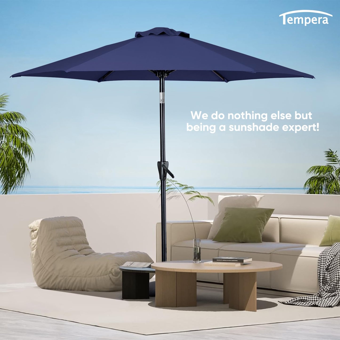 Tempera 9ft Patio Market Outdoor Table Umbrella with Push Button Tilt and Crank,Large Sun Umbrella with Sturdy Pole&Fade resistant canopy,Easy to set, Navy