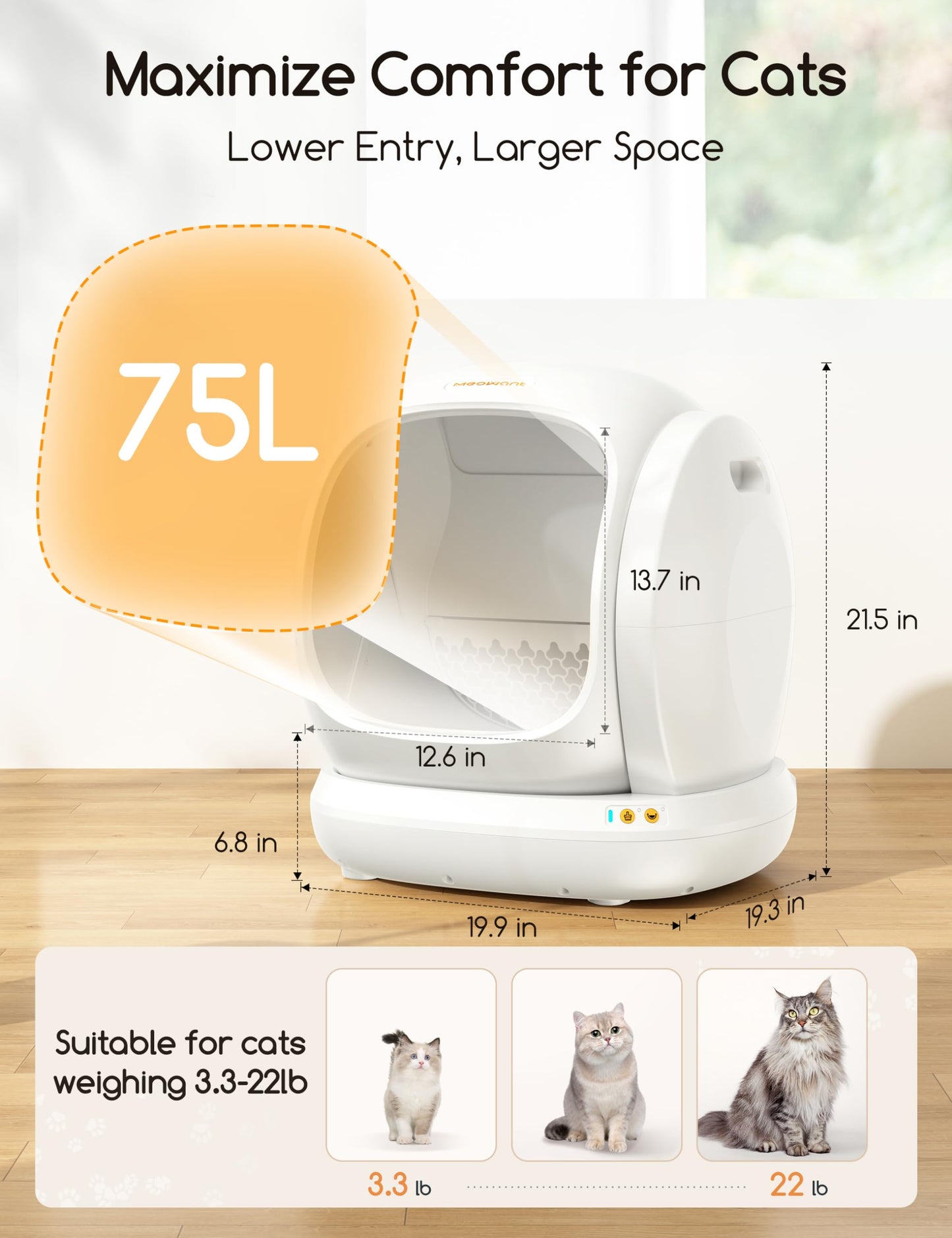 MeoWant Self-Cleaning Cat Litter Box, 75L Extra Large Open Automatic Cat Litter Box for Multi Cats, Integrated Safety Protection/APP Control/Odor Removal Smart Litter Box with Mat & Liner