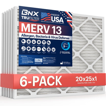 BNX TruFilter 20x25x1 Air Filter MERV 13 (6-Pack) - MADE IN USA - Electrostatic Pleated Air Conditioner HVAC AC Furnace Filters for Allergies, Pollen, Mold, Bacteria, Smoke, Allergen, MPR 1900 FPR 10